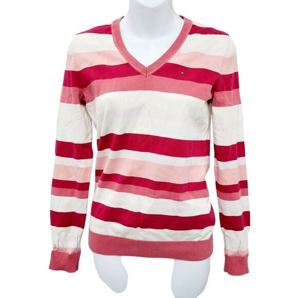 2/$20 Tommy Hilfiger White & Pink V Neck Sweater Top Blouse Size: Small - Picture 1 of 9
